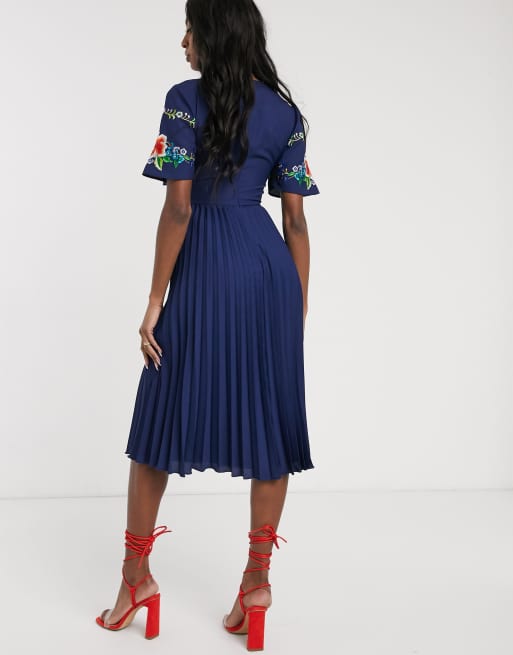 Asos design pleated embroidered midi outlet dress