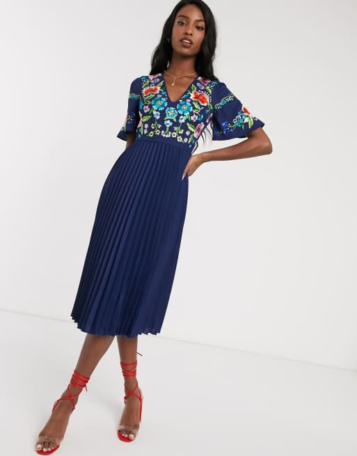 Asos design pleated store embroidered midi dress