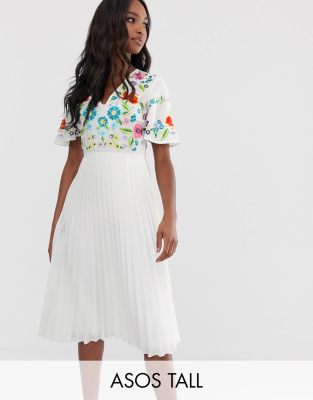 asos design pleated embroidered midi dress