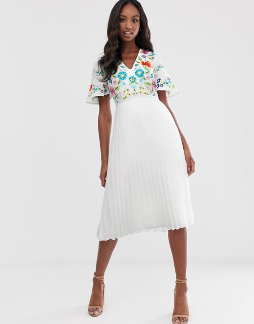 Asos pleated hotsell embroidered dress