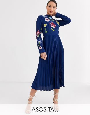 asos design pleated high neck midi dress with embroidery