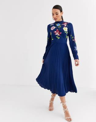 asos design pleated embroidered midi dress