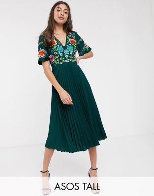 ASOS DESIGN Tall pleated embroidered midi dress ASOS Tall