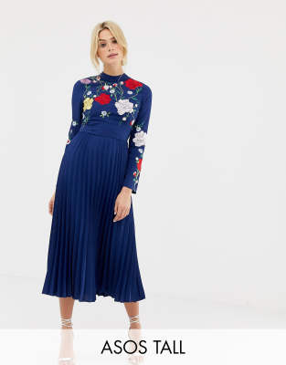 pleated high neck midi dress with embroidery