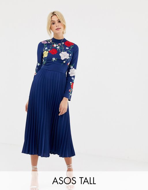 Asos design pleated embroidered hotsell midi dress