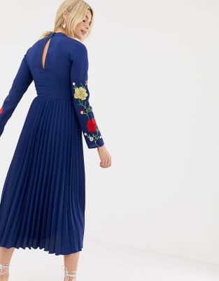 asos design pleated high neck midi dress with embroidery