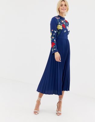 asos design pleated high neck midi dress with embroidery