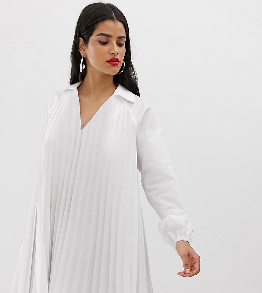 ASOS DESIGN Tall pleated long sleeve cotton swing mini dress-White