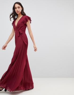 asos design pleated maxi dress with flutter sleeve