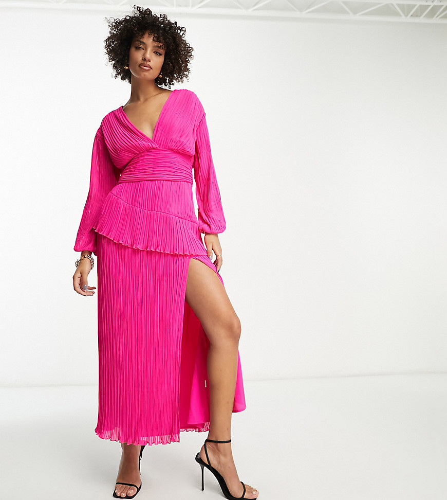 Asos Tall Asos Design Tall Pleated Midi Dress With A Belt In Bright Pink