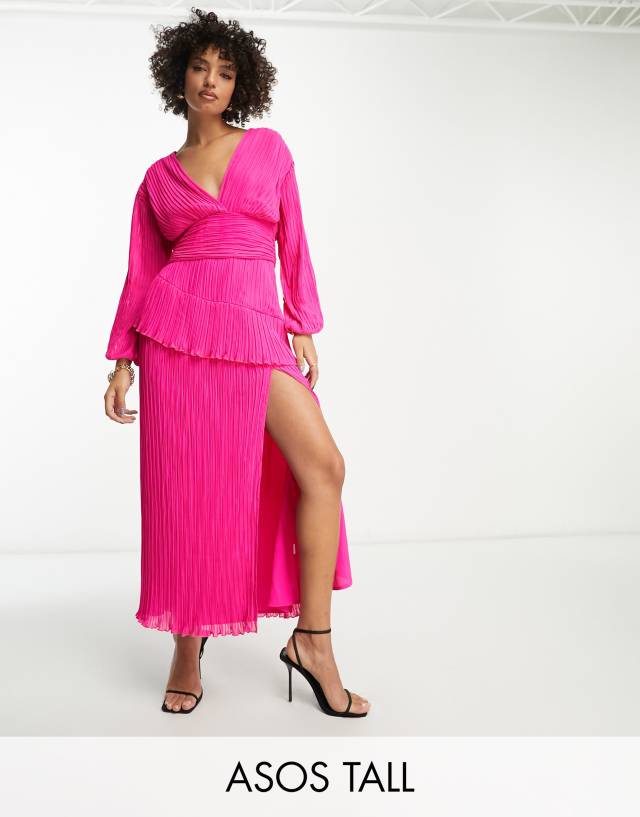 ASOS Tall - ASOS DESIGN Tall pleated midi dress with a belt in bright pink