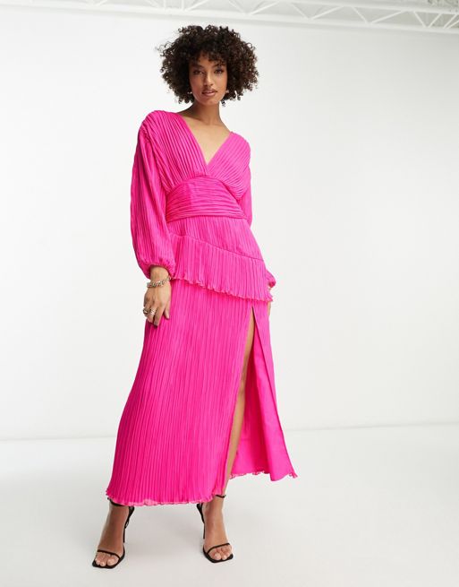 ASOS DESIGN Maternity pleated midi dress with a belt in bright pink