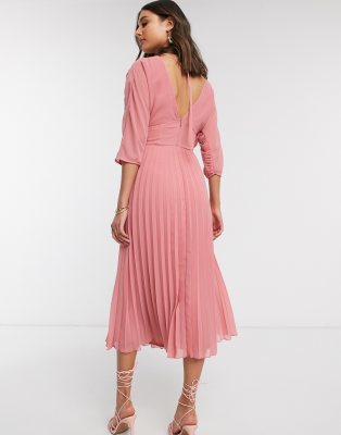 asos design pleated midi dress with batwing sleeves