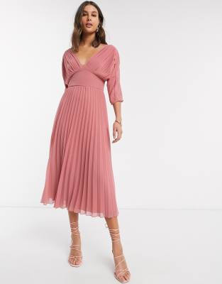 asos design pleated midi dress with batwing sleeves