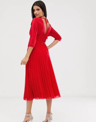 asos design pleated midi dress with batwing sleeves