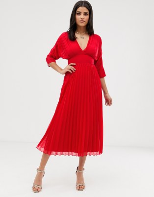 asos design pleated midi dress with batwing sleeves