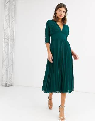 asos design pleated midi dress with batwing sleeves