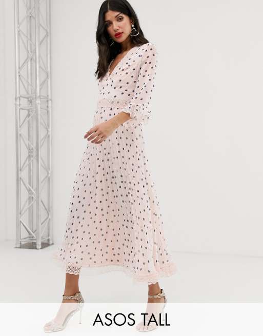 Asos Design Tall Pleated Midi Dress With Lace Inserts In Spot Print Asos 1787