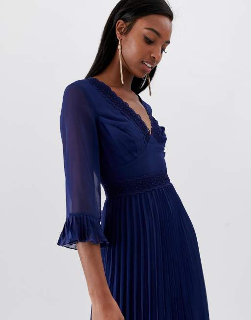 asos design premium lace insert pleated midi dress ASOS DESIGN V neck lace trim pleated cami midi dress in sage green
