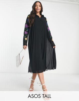 ASOS DESIGN Tall pleated midi shirt dress with embroidered sleeves in black - ASOS Price Checker