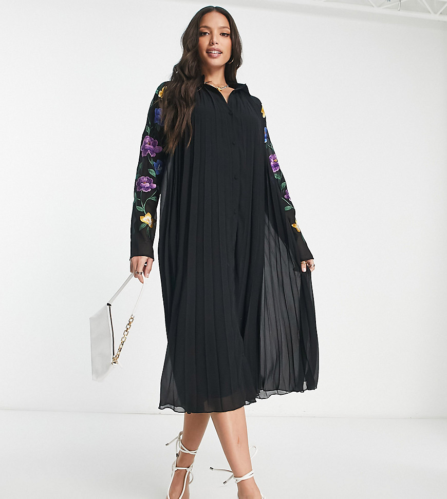 ASOS DESIGN Tall pleated midi shirt dress with embroidered sleeves in black