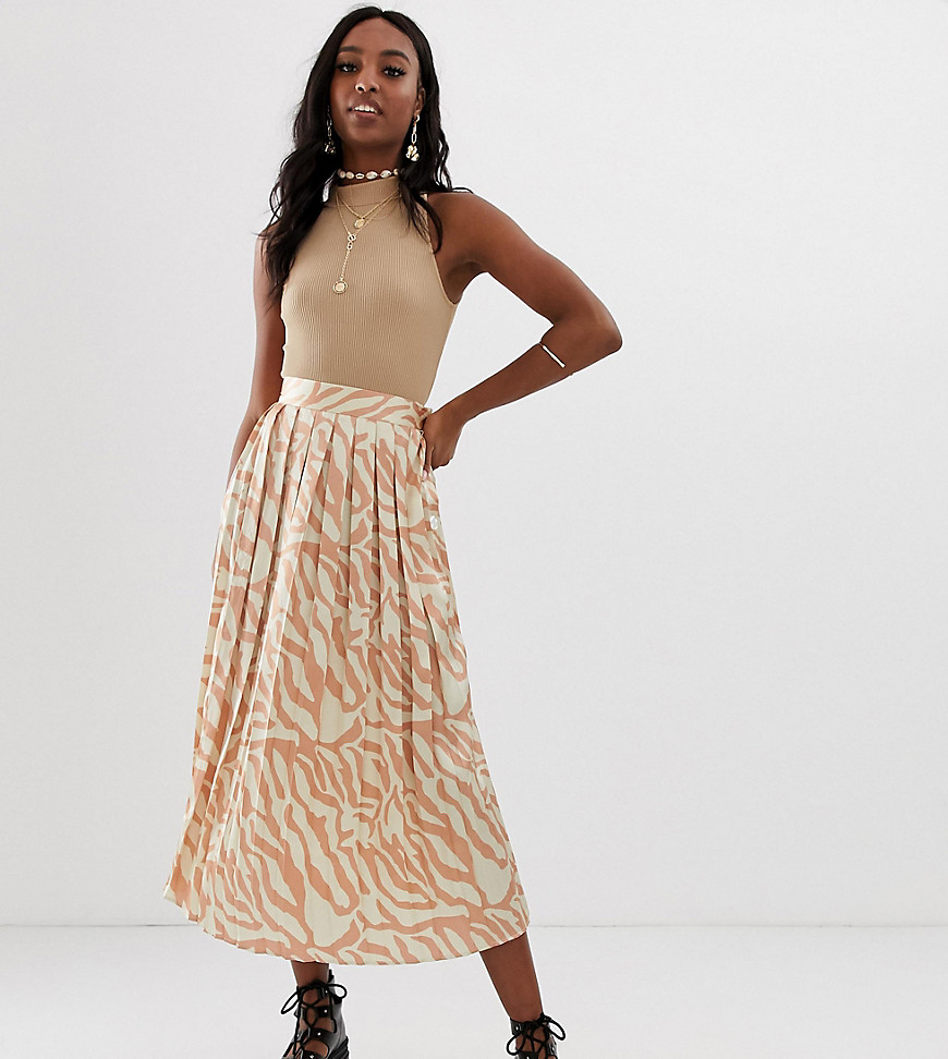 ASOS DESIGN Tall pleated midi skirt with buttons in tiger print-Multi
