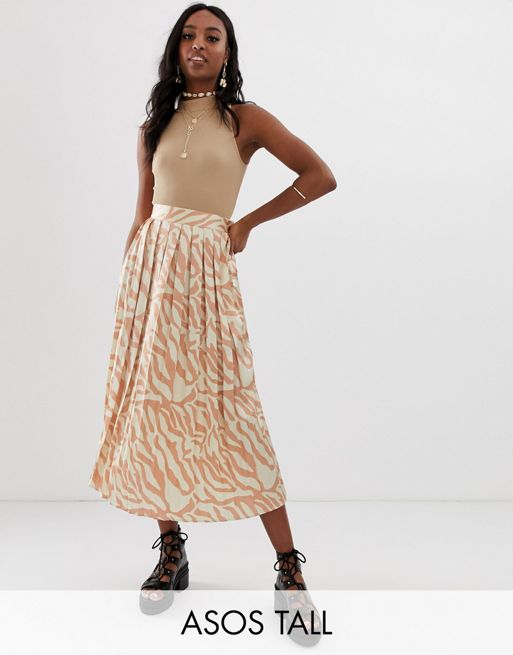 ASOS DESIGN Tall pleated midi skirt with buttons in tiger print | ASOS