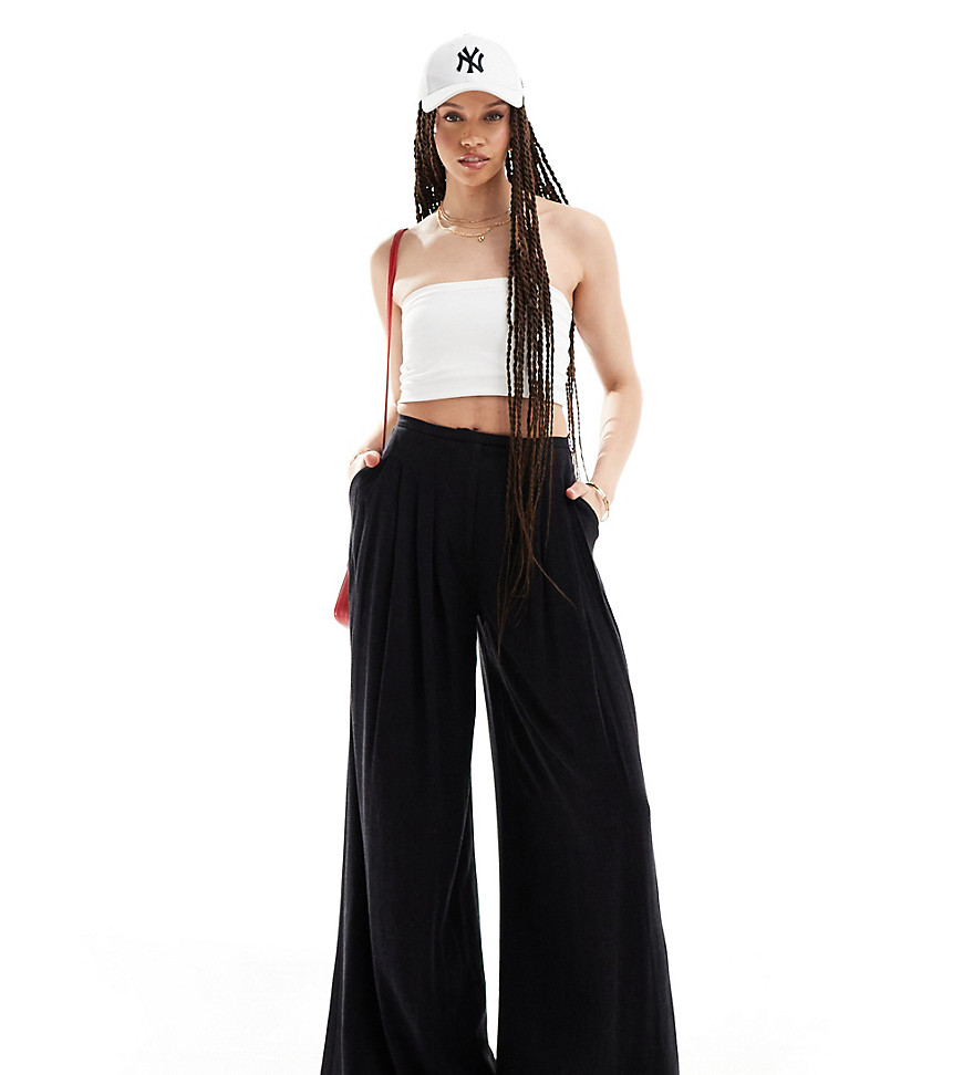 ASOS DESIGN Tall pleated palazzo wide leg trouser with linen in black