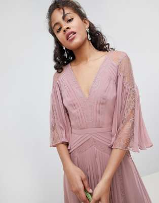 asos design pleated panelled flutter sleeve maxi dress with lace inserts