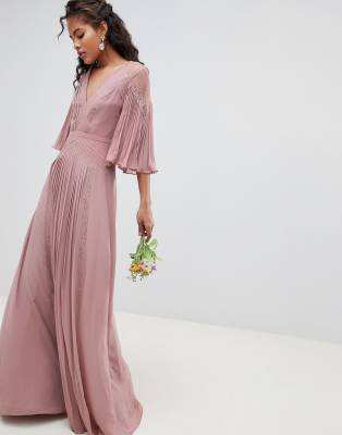 asos design pleated panelled flutter sleeve maxi dress with lace inserts