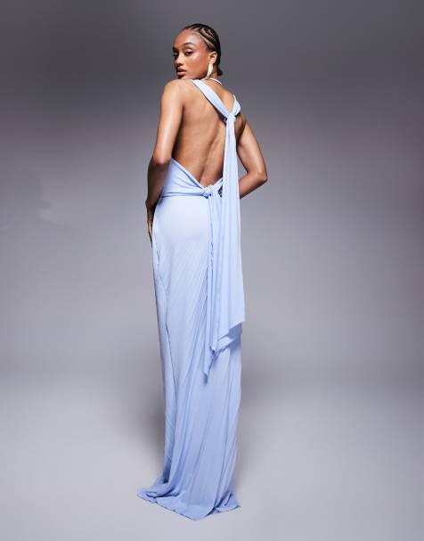 ASOS DESIGN Tall pleated slash neck maxi dress with knotted back detail in light blue - view 1