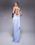 [ASOS Tall] ASOS DESIGN Tall pleated slash neck maxi dress with knotted back detail in light blue 10 Light Blue