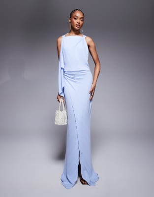 ASOS DESIGN Tall pleated slash neck maxi dress with knotted back detail in light blue