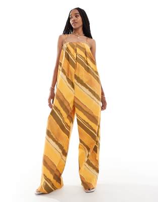 Asos Design Tall Pleated Square Neck Wide Leg Jumpsuit In Orange Stripe Print-multi