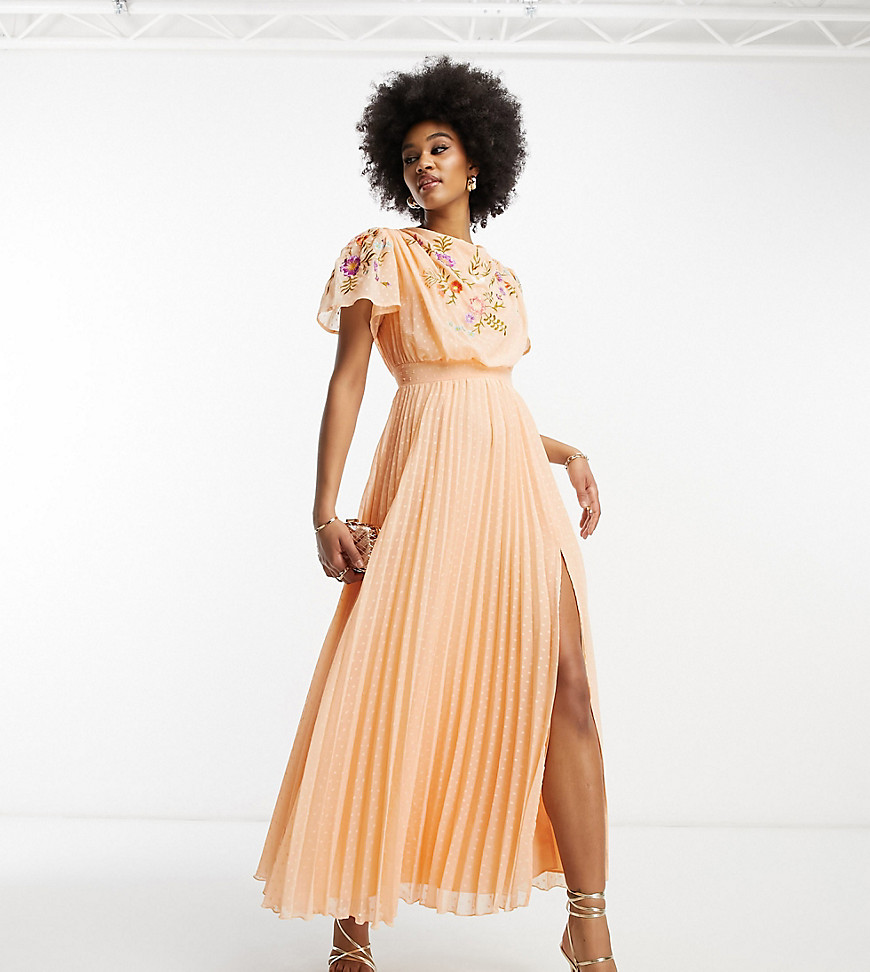Asos Tall Asos Design Tall Pleated Textured Cowl Front Embroidered Maxi Dress With Belt In Coral-orange