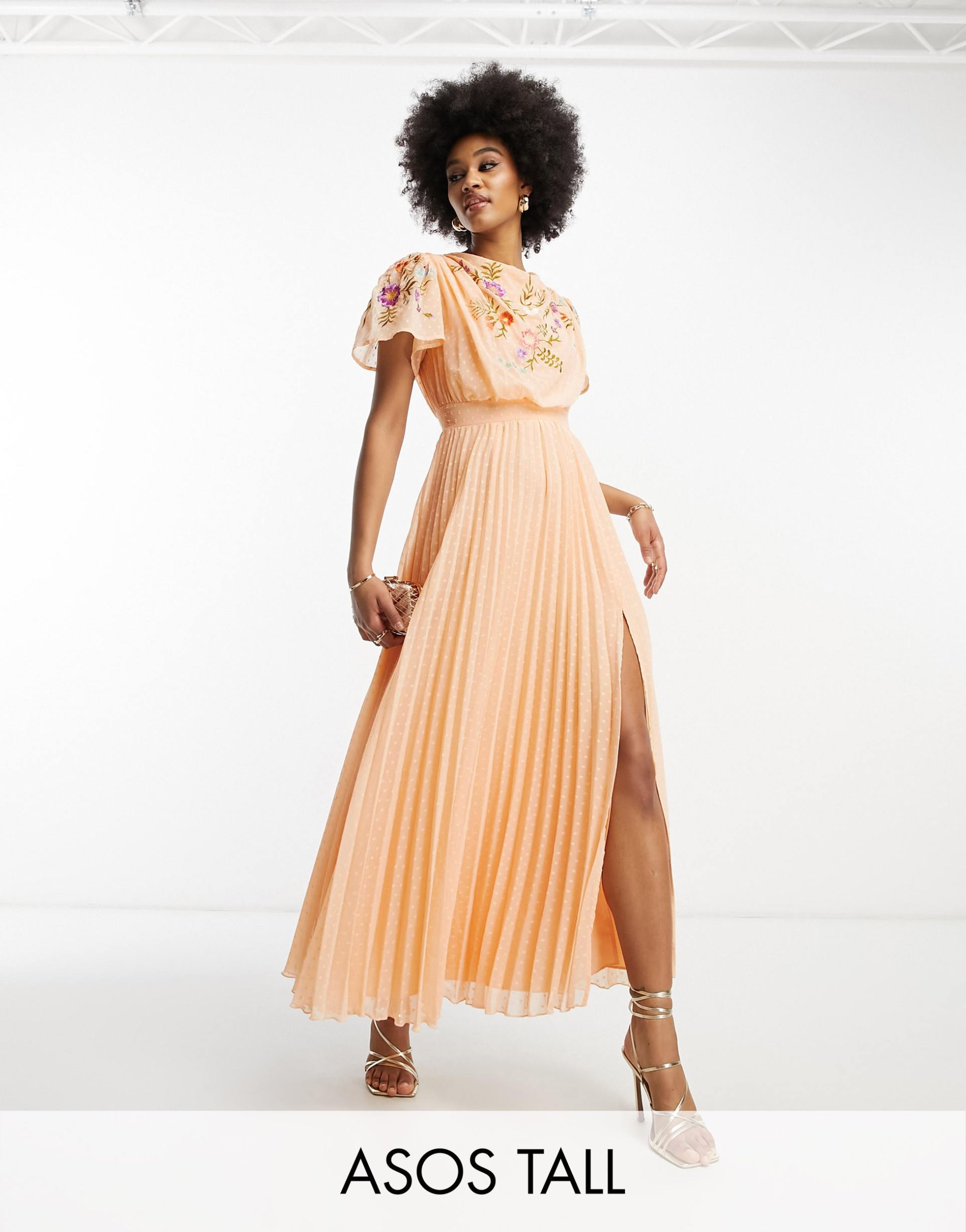 asos design tall pleated textured cowl front embroidered maxi dress with belt in coral