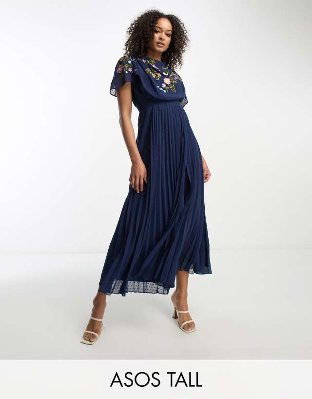 ASOS DESIGN Tall pleated textured cowl front embroidered midi dress in navy