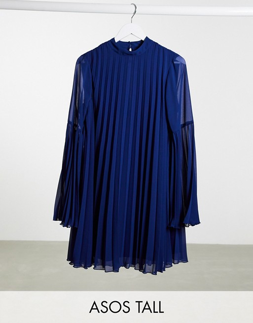 ASOS DESIGN Tall pleated trapeze mini dress with fluted sleeve in navy