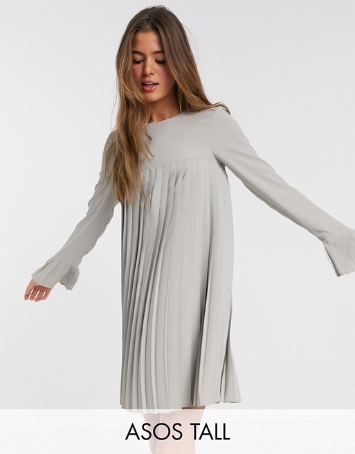 ASOS DESIGN Tall pleated trapeze mini dress with long sleeves in grey