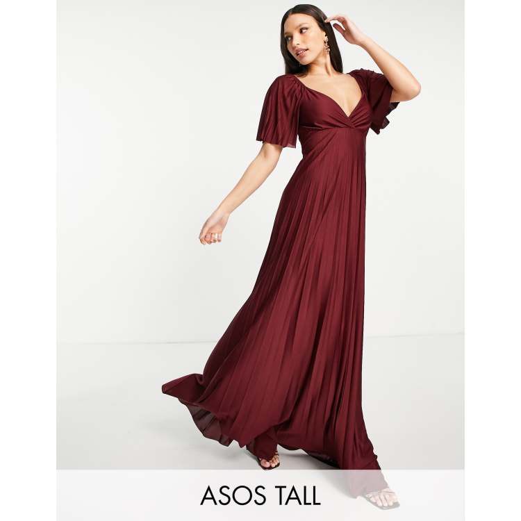 asos design pleated twist back cap sleeve maxi dress ASOS DESIGN Tall pleated twist back cap sleeve maxi dress in dark red