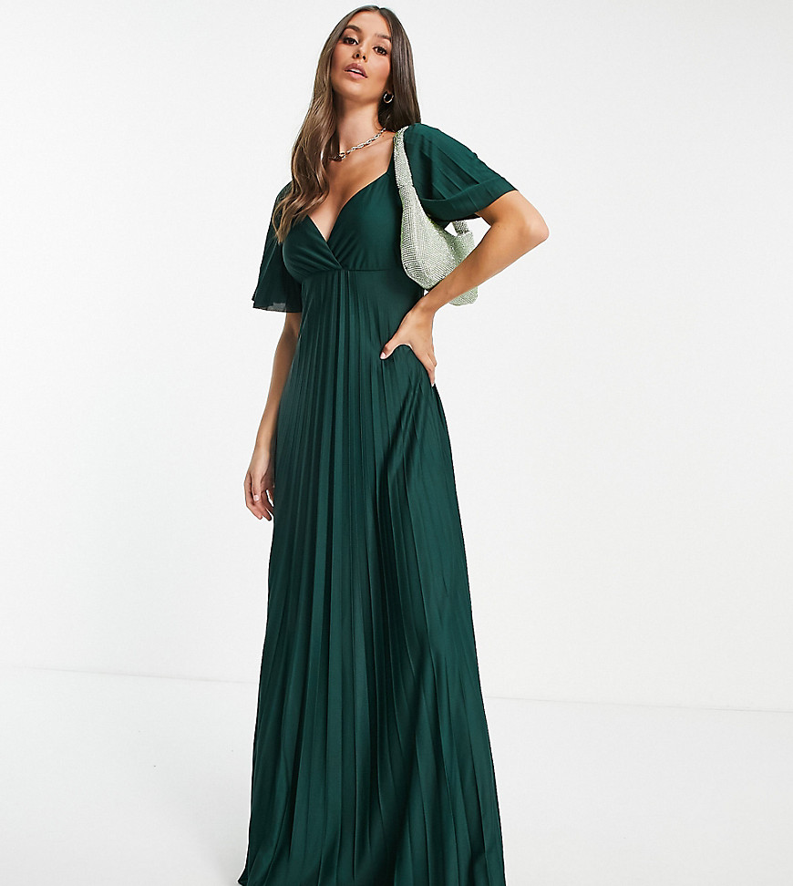 ASOS DESIGN Tall pleated twist back cap sleeve maxi dress in forest green