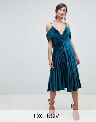 asos design cold shoulder cowl back pleated midi dress