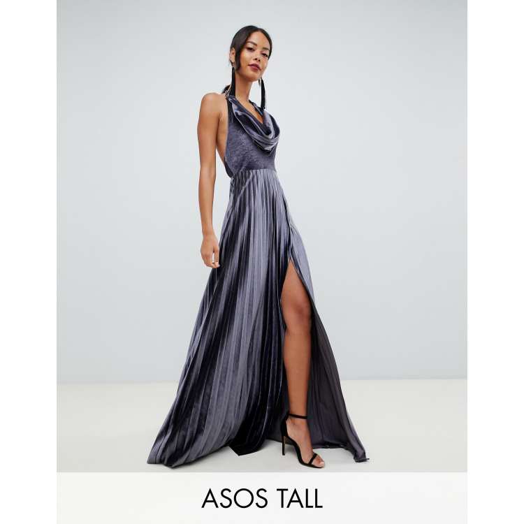 Asos design pleated velvet shop cowl neck maxi dress