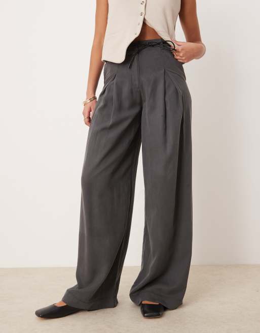 ASOS DESIGN Tall pleated wide leg pants with tie in gray