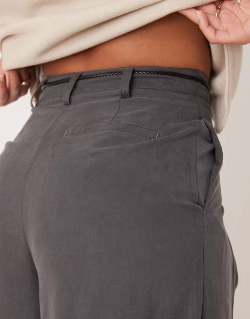 ASOS DESIGN Tall pleated wide leg pants with tie in gray