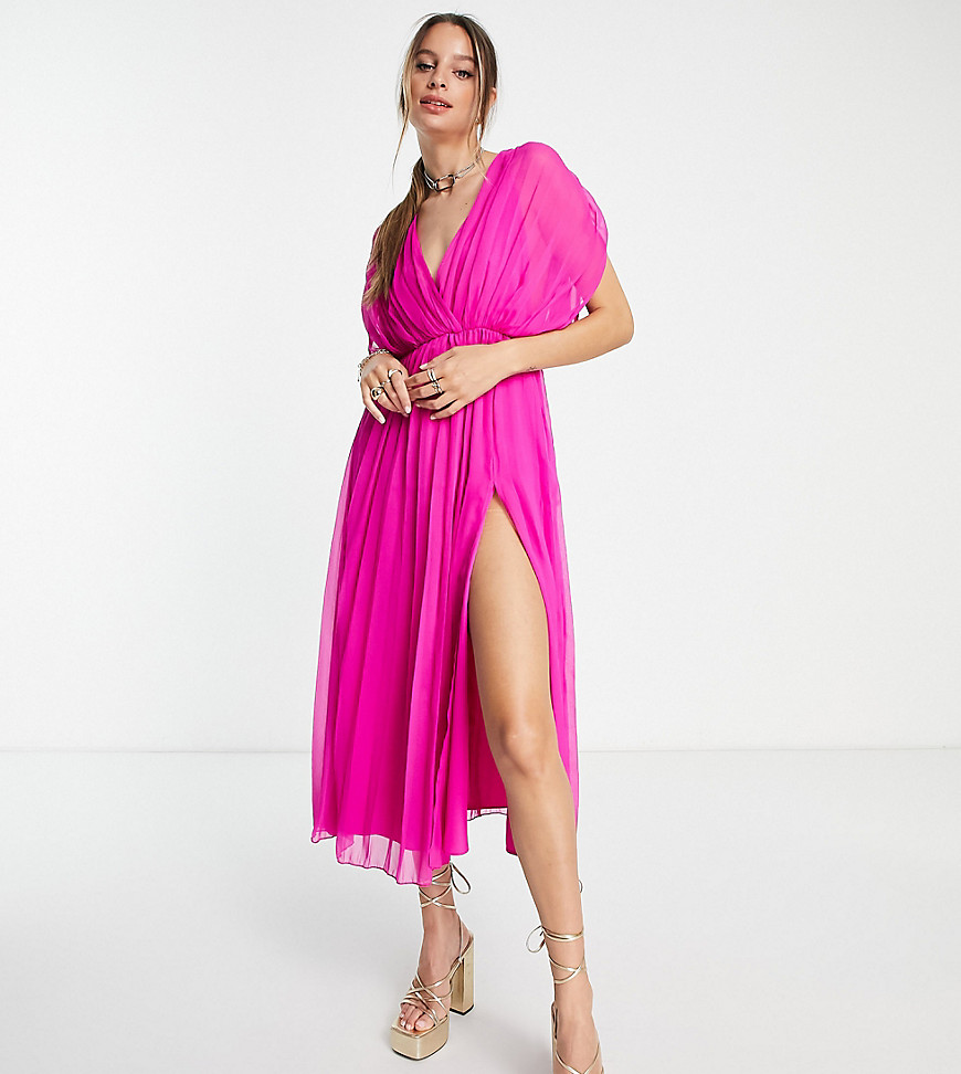 ASOS Tall ASOS DESIGN Tall pleated wrap front midi dress in magenta-Pink