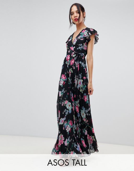 ASOS DESIGN Tall pleated wrap maxi dress flutter sleeve in floral print ...