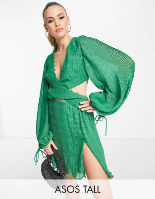 ASOS DESIGN Tall – Plisowana sukienka koszulowa mini z kopertową talią w jasnozielonym kolorze