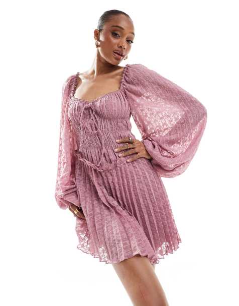ASOS DESIGN Tall – Plisowana sukienka mini typu milkmaid z długim rękawem z tkaniny dobby w kolorze brudnego różu - view 1