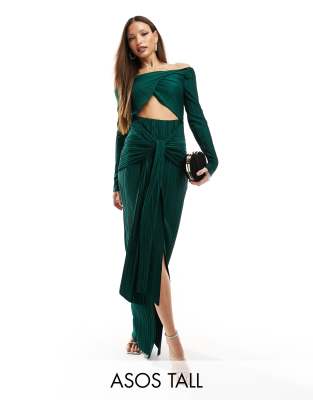 Asos Tall Asos Design Tall Plisse Bardot Twist Front Midi Dress In Forest Green